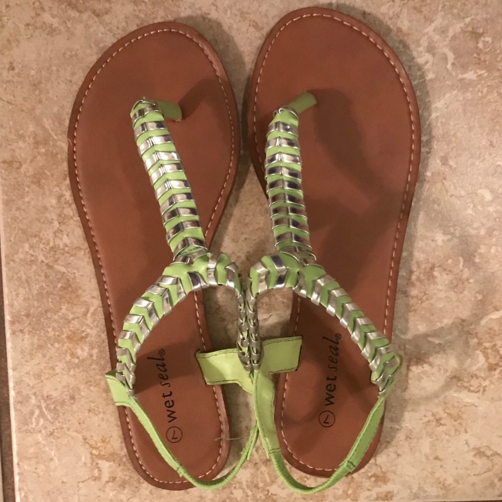 Lime Green and Silver T Strap Sandals